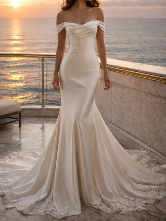 Elegant Mermaid Sweetheart Off Shoulder Draped Back Floor Length Wedding Dress