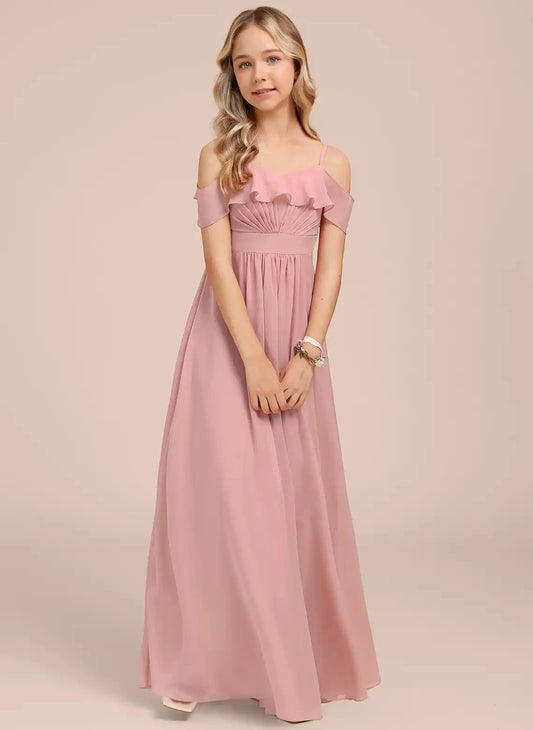 Elegant A-Line Off Shoulder Cold Shoulder V Back Long Junior Bridesmaid Dress