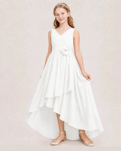 Elegant A Line V Neck Sleeveless Tie Back High Low Junior Bridesmaid Dress