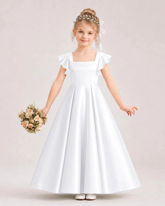 Elegant A-Line Square Neck Flutter Sleeve Classic Back Floor-Length Wedding Dress