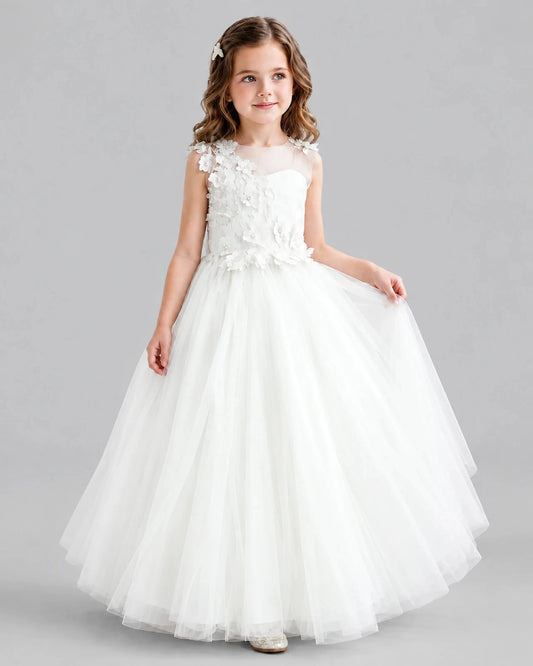 Elegant Ball Gown Illusion Neck Sleeveless V Back Floor Length Flower Girl Dress