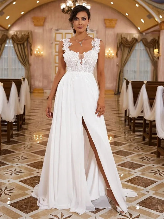 Romantic A-Line V-Neck Sleeveless Low-Back Floor-Length Wedding Dress
