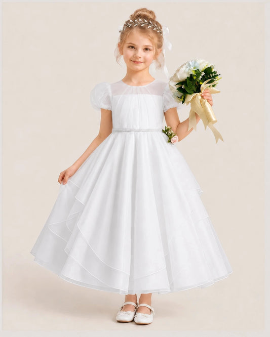 Elegant A-Line Round Neck Puff Sleeve Keyhole Back Ankle-Length Flower Girl Dress