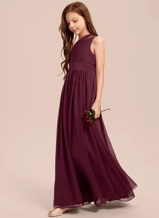 Flowy A-Line One Shoulder Cutout Sleeveless Zipper Back Maxi Junior Bridesmaid Dress