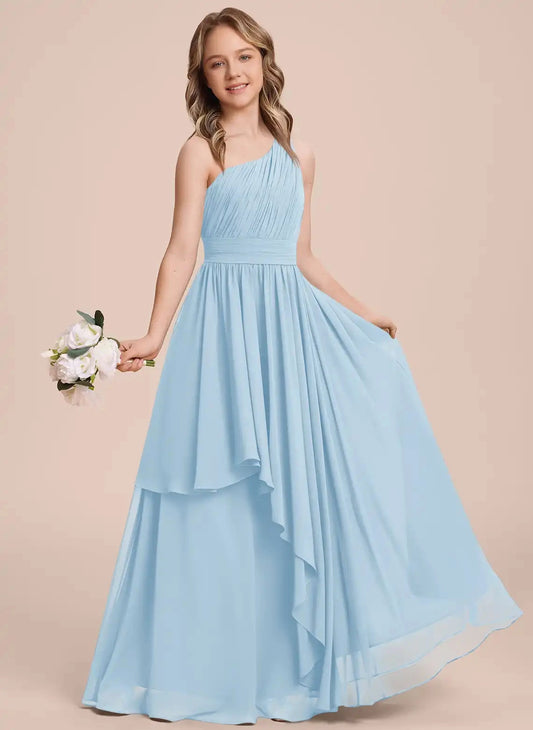 Elegant A Line One Shoulder Sleeveless Plain Back Long Junior Bridesmaid Dress