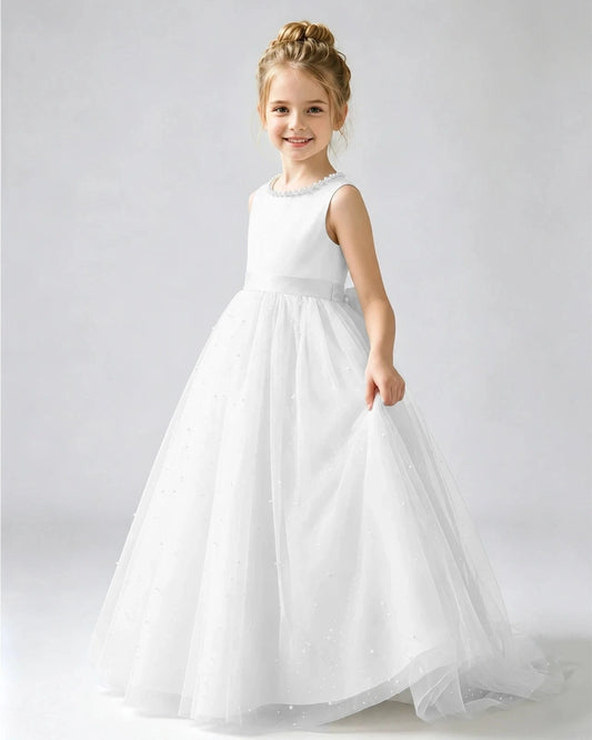 Elegant A-Line Round Neck Sleeveless V-Back Bow Floor-Length Flower Girl Dress
