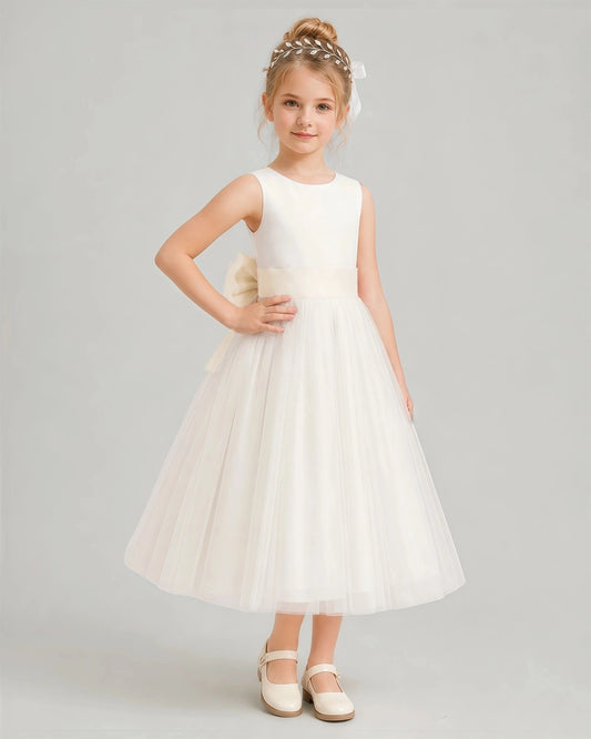 Elegant A-Line Round Neck Sleeveless V-Back Tea-Length Flower Girl Dress