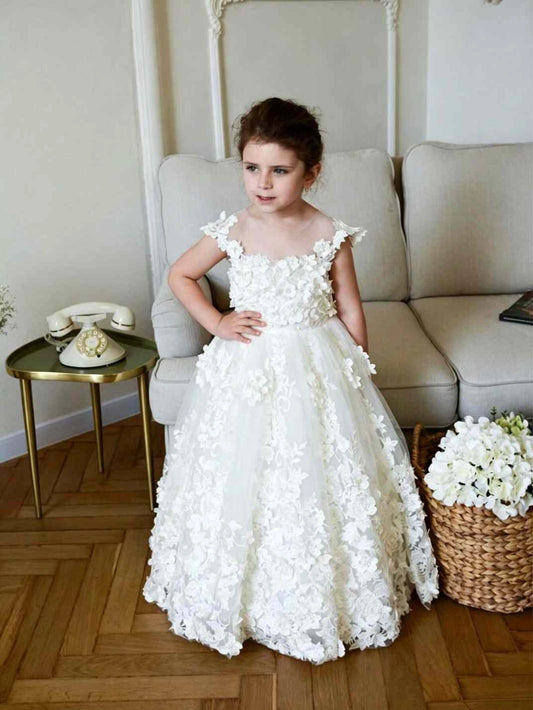 Luxury Ball Gown Illusion Neck Cap Sleeve V Back Floor Length Flower Girl Dress