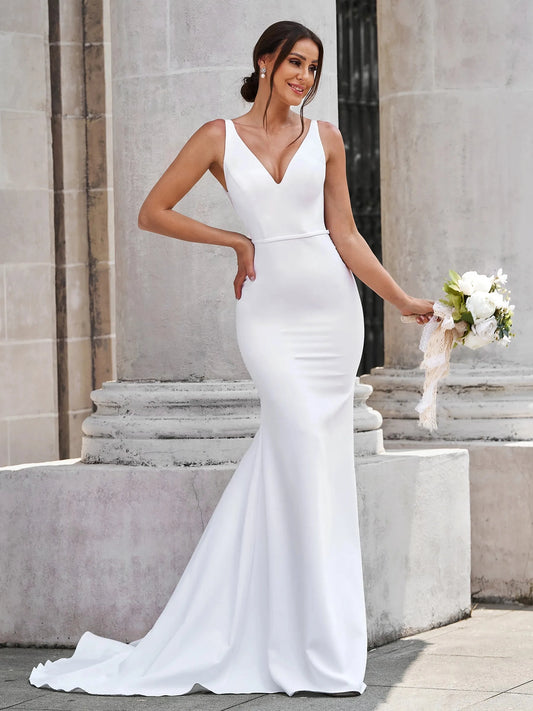 Elegant Mermaid V Neck Sleeveless Low Back Train Wedding Dress