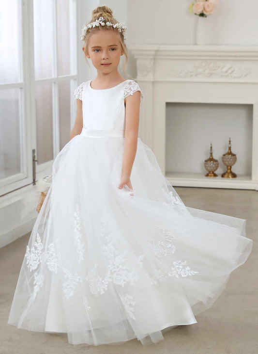 Elegant A-line Round Neck Cap Sleeve V Back Floor Length First Communion Dress