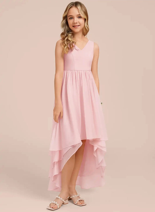 Soft A-Line V Neck Sleeveless V Back Hi-Low Junior Bridesmaid Dress
