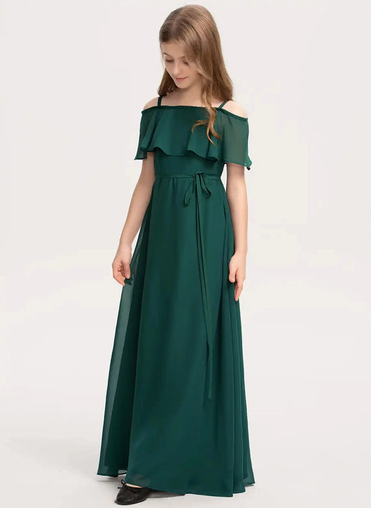 Elegant A-Line Off Shoulder Flutter Sleeve Zipper Back Maxi Junior Bridesmaid Dress