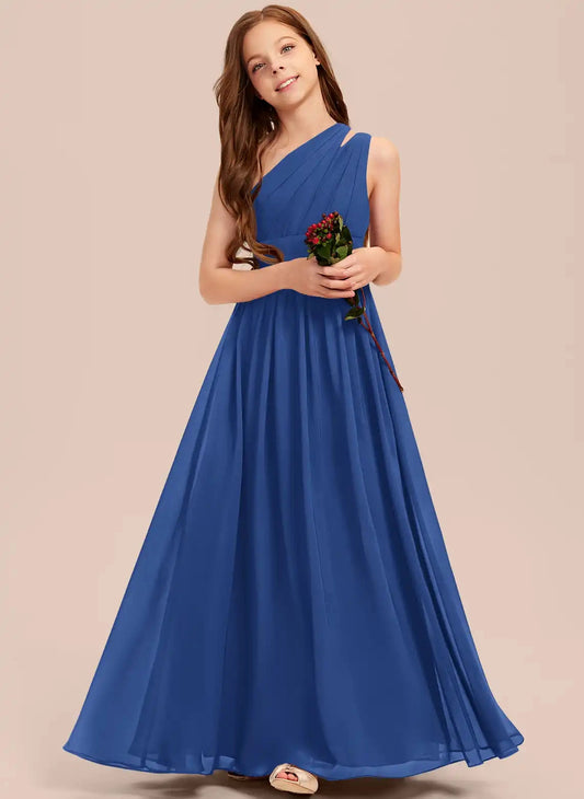 Flowy A-Line One Shoulder Cutout Sleeveless Zipper Back Maxi Junior Bridesmaid Dress