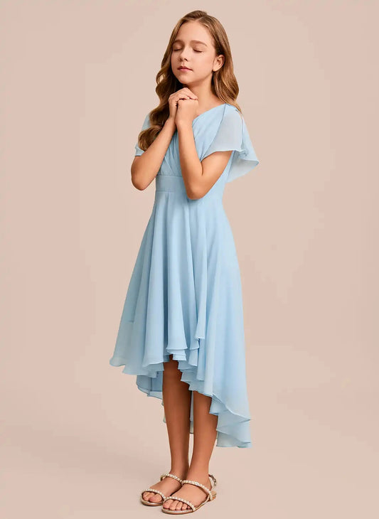 Elegant A-Line V Neck Flutter Sleeve Zipper Back Hi-Lo Junior Bridesmaid Dress