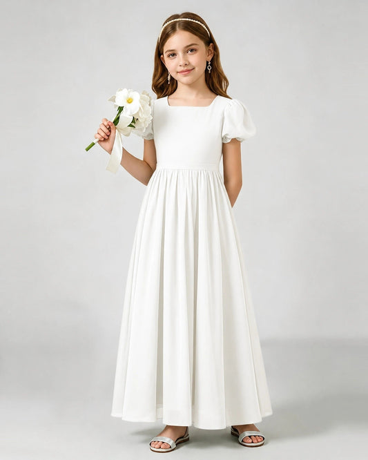 Elegant A Line Square Neck Puff Sleeve Bow Back Maxi Flower Girl Dress
