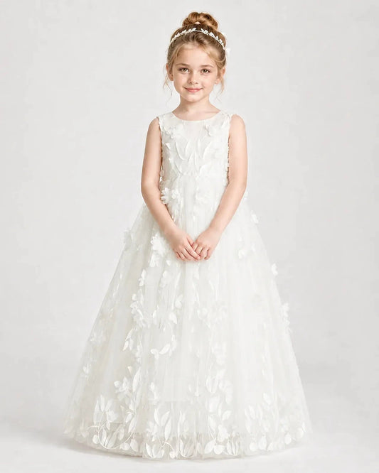 Elegant A-Line Round Neck Sleeveless V-Back Floor-Length Flower Girl Dress