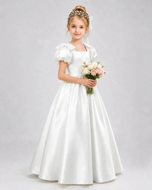 Elegant A-Line Square Neck Puff Sleeve Bow Back Floor-Length Flower Girl Dress