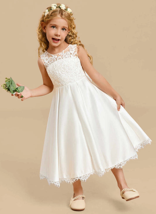 White Elegant A Line Round Neck Sleeveless V Back Midi First Communion Dress