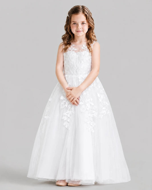 Romantic Ball Gown Illusion Neck Sleeveless V Back Floor Length Flower Girl Dress