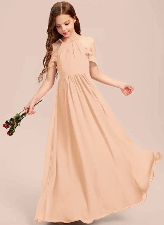 Elegant A-Line Halter Cold Shoulder Zipper Bow Back Maxi Junior Bridesmaid Dress