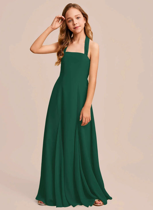 Elegant A-Line Halter Sleeveless Crisscross Back Floor-Length Junior Bridesmaid Dress