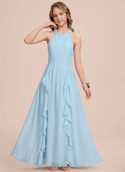 Elegant A-Line Halter Sleeveless Tie Back Floor Length Junior Bridesmaid Dress