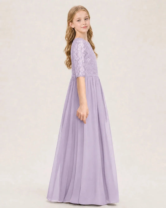 Elegant A Line Round Neck Lace Sleeve Zipper Back Floor Length Bridesmaid Dress