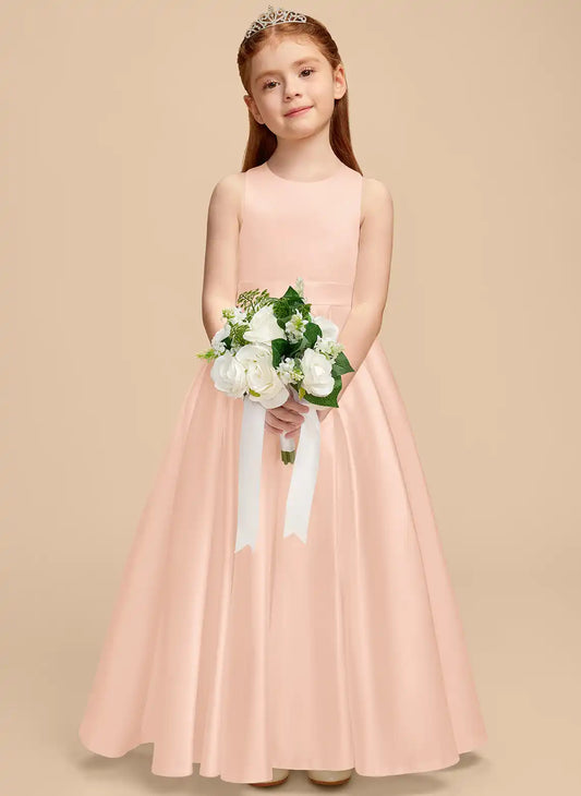 Satin A-Line Round Neck Sleeveless Keyhole Back Floor Length First Communion Dress