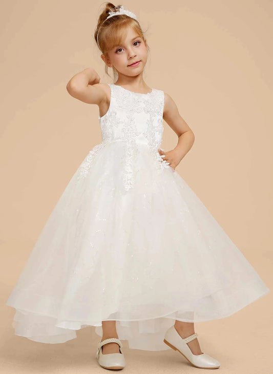 White A-Line Round Neck Sleeveless Zipper Back Hi-Lo First Communion Dress