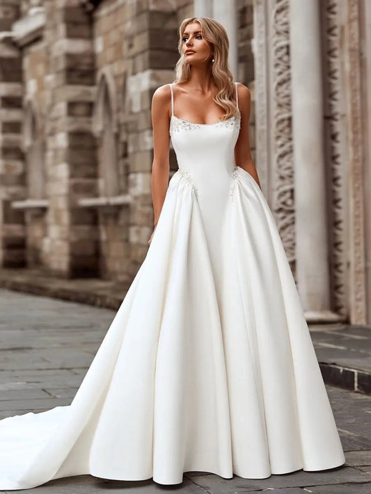 Elegant Ball Gown Square Neck Sleeveless Classic Back Floor Length Wedding Dress