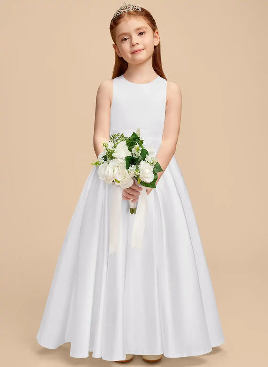 Satin A-Line Round Neck Sleeveless Keyhole Back Floor Length First Communion Dress