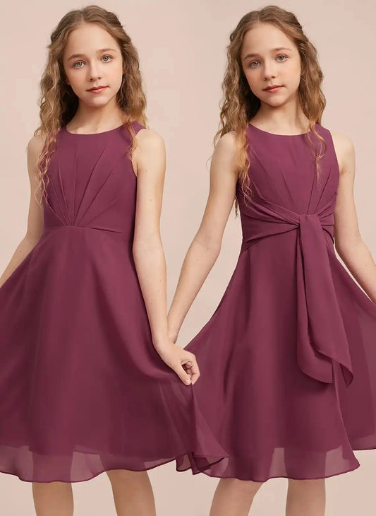 Elegant A-line Round Neck Sleeveless V-Back Midi Junior Bridesmaid Dress