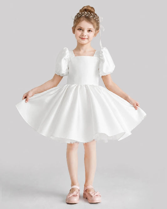 Elegant A-Line Square Neck Puff Sleeve Bow Back Dress Birthday