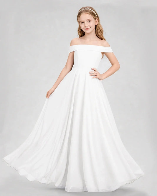 Elegant A-Line Off-Shoulder Sleeveless Zip-Back Floor-Length Junior Bridesmaid Dress