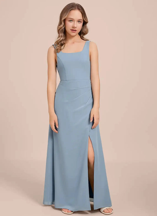 Elegant Sheath Square Neck Sleeveless Crisscross Back Floor Length Junior Bridesmaid Dress