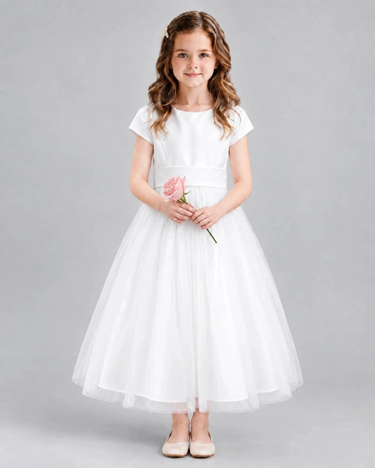 Elegant A-Line Round Neck Short Sleeve Bow Back Ankle-Length Flower Girl Dress