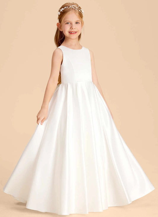 Satin A Line Round Neck Sleeveless V Back Floor Length First Communion Dress