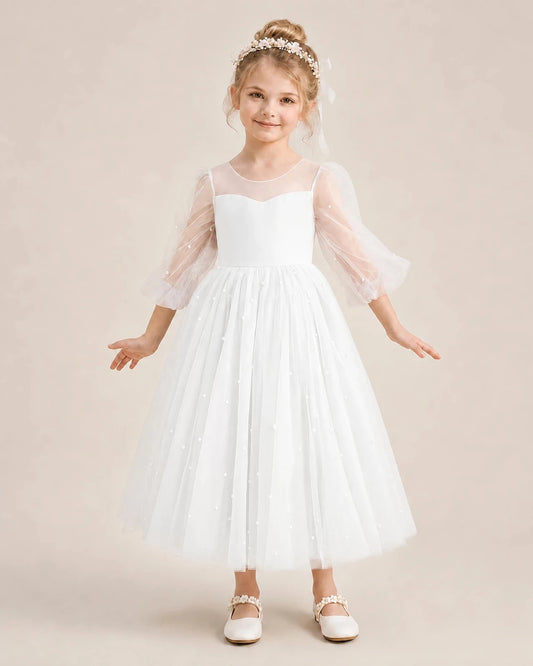 Elegant A-Line Round Neck Puff Sleeve Bow Back Midi Flower Girl Dress