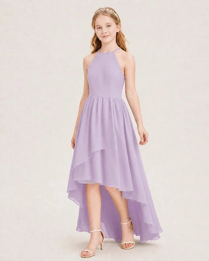 Elegant A-Line Halter Sleeveless Tie-Back High-Low Junior Bridesmaid Dress