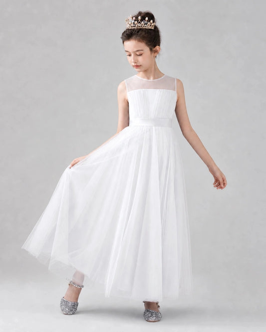 Elegant A-Line Illusion Neck Sleeveless Bow Back Maxi Flower Girl Dress