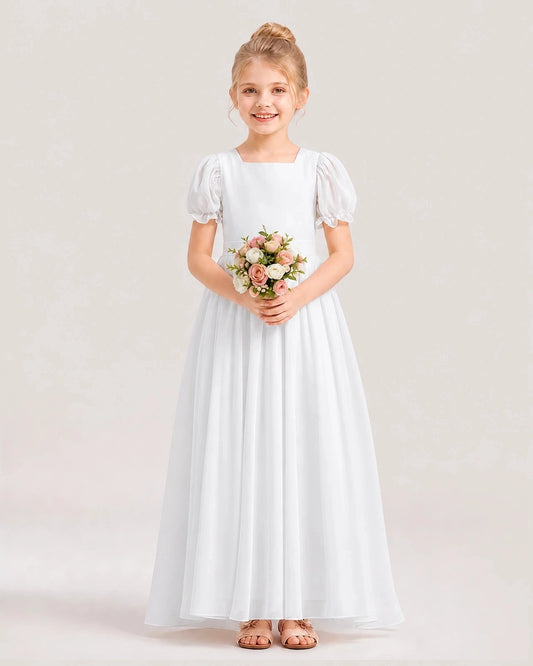 Elegant A-Line Square Neck Puff Sleeve Bow Back Floor-Length Flower Girl Dress