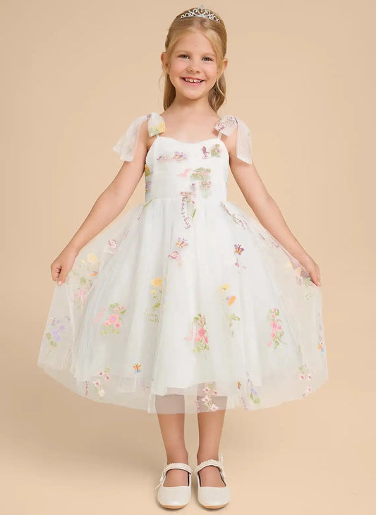 Colorful Embroidered A?Line Sweetheart Spaghetti Strap Flutter Sleeve Open Back Midi Flower Girl Dress