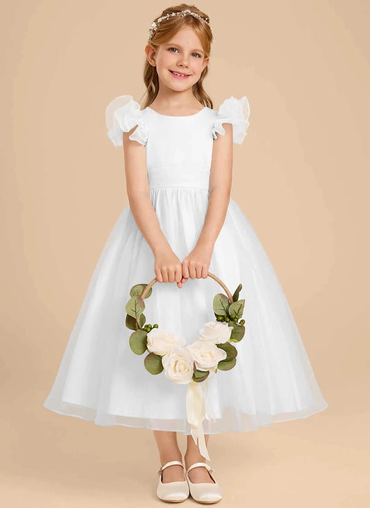 Elegant A?Line Round Neck Flutter Sleeve Bow Back Midi First Communion Dress