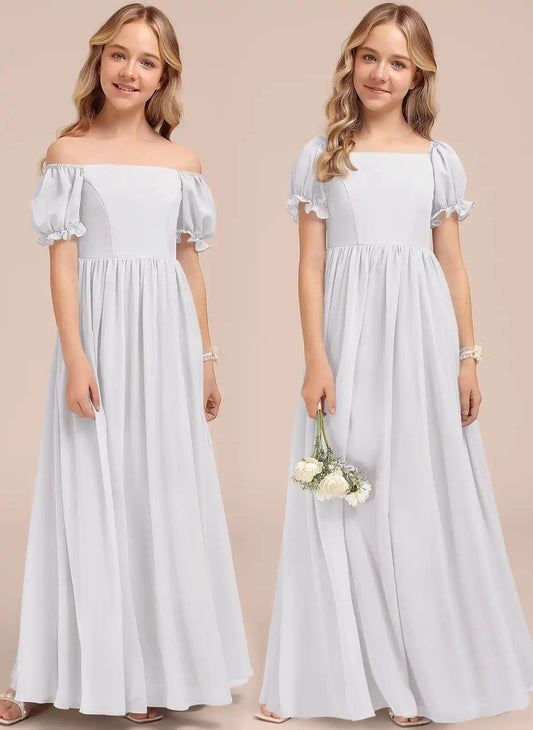 Elegant A?Line Square Neck Puff Short Sleeve Zipper Back Floor?Length Junior Bridesmaid Dress >