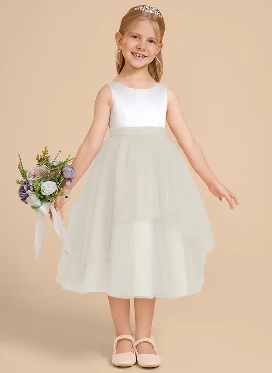 Elegant A?Line Round Neck Sleeveless V?Back Midi Flower Girl Dress