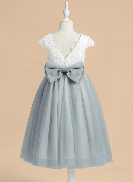 Elegant A Line Round Neck Cap Sleeve V Back Tea Length Flower Girl Dress