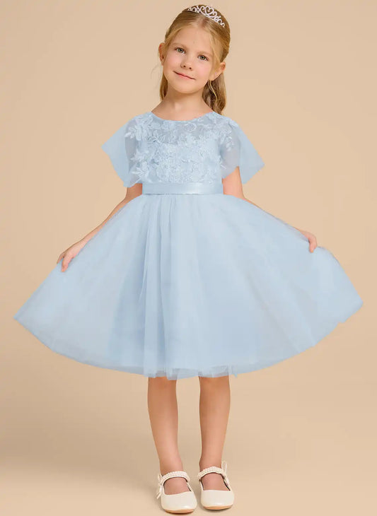 Elegant A-line Round Neck Flutter Sleeve Deep V Back Knee Length Flower Girl Dress