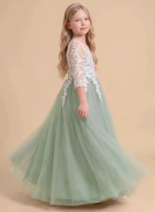 Elegant A?Line Illusion Neck 3/4 Sleeve Button Back Floor?Length Flower Girl Dress
