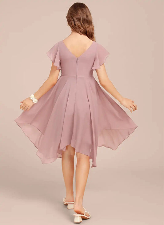 Flowy A Line V Neck Flutter Sleeve V Back Hi-Low Junior Bridesmaid Dress