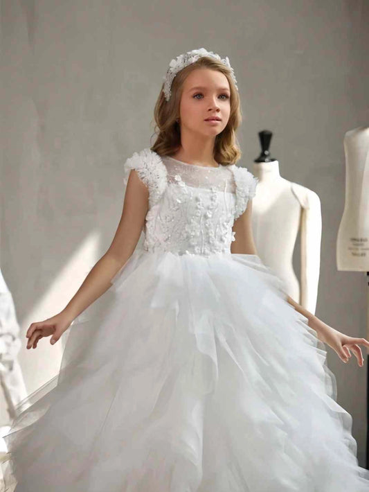 Elegant Ball Gown Illusion Neck Cap Sleeve Sheer Lace Back Train First Communion Dress